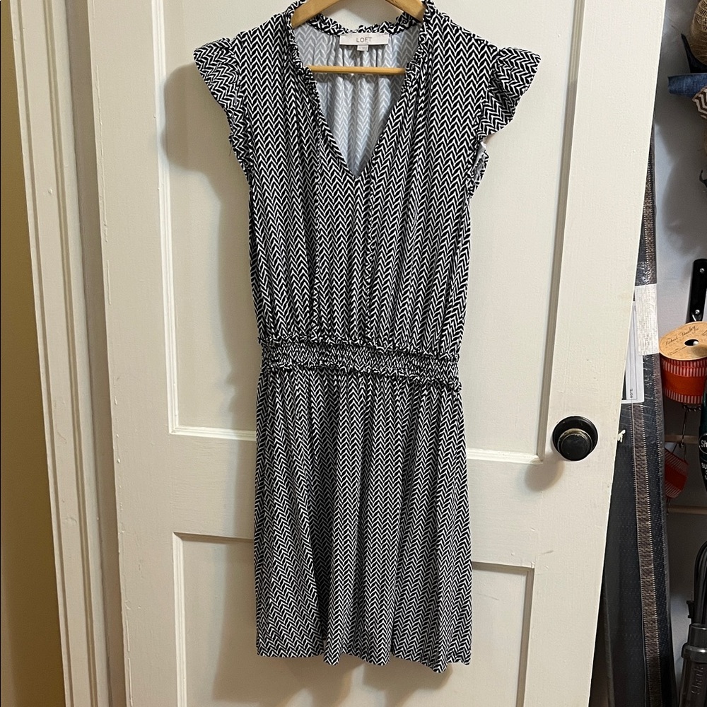 LOFT Black and White Patterned Midi Dress